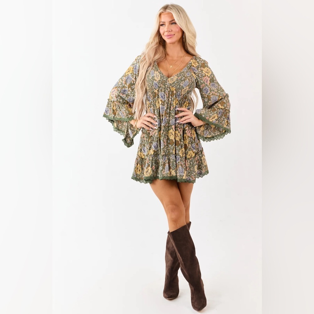 NWT Angie Clothing Boho Bell Sleeve Smocked Mini Dress - Picture 6 of 14